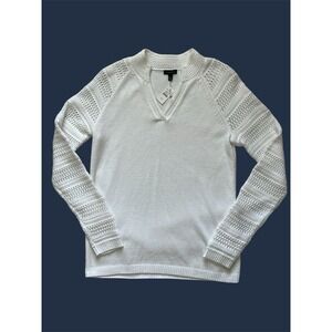 Talbots NWT White Split Neck Textured Knit‎ Sweater XS Quiet Luxury Crochet Arms